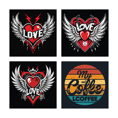 Collection of vintage heart with wings tattoo designs on black background