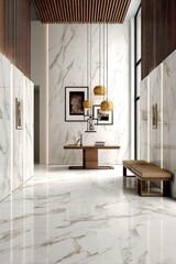 Elegant interior with gold-veined marble floors and walls, warm wood accents, modern lamps