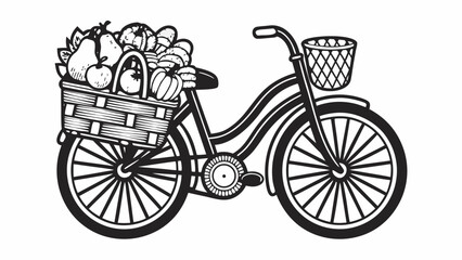 Fototapeta premium Illustration of a bicycle with a basket full of fruits and vegetables in black and white style art