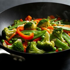 Stirfried Vegetables in a Wok with Broccoli Carrots Peppers and Peas Steaming and Ready to Serve Healthy Meal Preparation