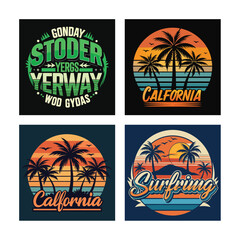 Retro california surfing design with palm trees and sunset