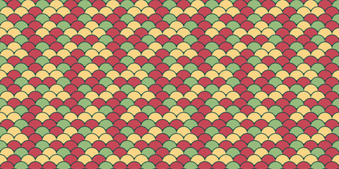 Vibrant geometric pattern featuring overlapping scales in red, green, and yellow.  Perfect for textile design, wallpaper, or website backgrounds.