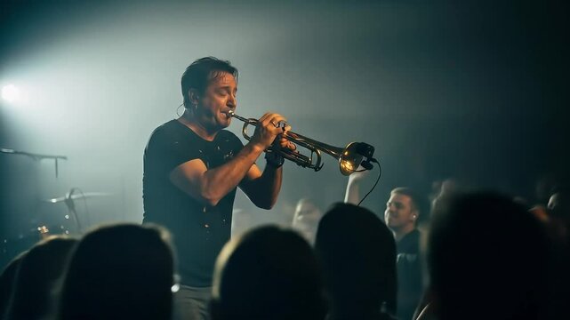 Man Playing Trumpet on Stage to Cheering Crowd in Concert Setting