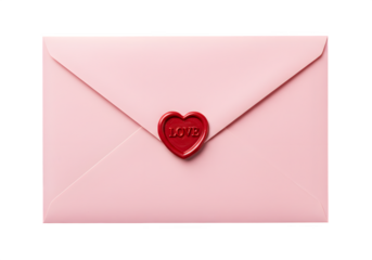 Romantic pink envelope with heart-shaped seal, perfect for love letters, Valentine’s messages, or wedding invitations, isolated on white or transparent background. PNG format.