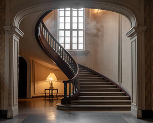 Obraz premium The staircase is made of light beige cream colored stone or wood steps, with a dark, ornate metal railing featuring floral patterns. sweeping curved staircase in a grand, light-filled hallway. 