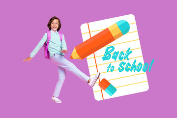 Sketch image 3d pop art banner collage of happy schoolboy stand notepad education supplies pencil eraser back to school learning