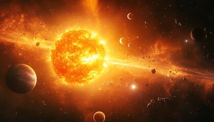 Fiery sun and planets in space