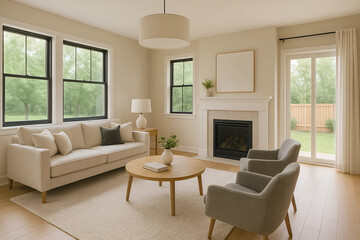 Interior Living Space Harmony: A serene living room, with a blend of modern comfort and natural light, features a cozy sofa, armchairs, and a inviting fireplace.