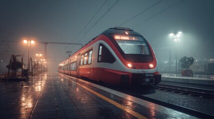 Naklejka premium An artistic composition of a train station platform featuring a modern electric train waiting at the platform, illuminated by soft, ambient lighting.