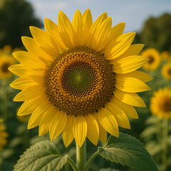 Obraz premium Sunflower's Radiance: A vibrant sunflower, captured in sharp focus, stands proudly in a field of its kin, showcasing nature's sunny artistry and a feeling of boundless energy. 