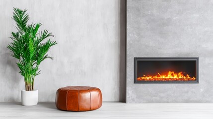 A stylish brown leather ottoman rests elegantly beside a modern concrete fireplace with a vibrant fire glowing warmly, complemented by a lush green potted plant.