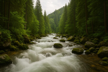 Obraz premium River's Embrace: A serene river weaves its way through a lush green forest, its waters cascading over moss-covered rocks, creating a scene of untouched beauty.
