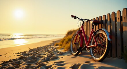 Red vintage bicycle parked by wooden fence on golden beach at sunset. Perfect summer vacation and leisure lifestyle concept with ocean view.