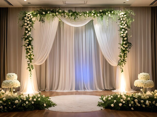 Romantic White Curtains with Fairy Lights and Greenery for Elegant Event, AI