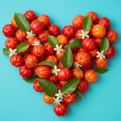 Heart-Shaped Pitanga Layout with Leaves and Flowers on Turquoise