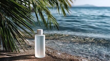 Minimalist White Shampoo Bottle on Sandy Beach with Tropical Palm Shadows and Clear Ocean Waves in Natural Sunlight, Clean Beauty Packaging Concept