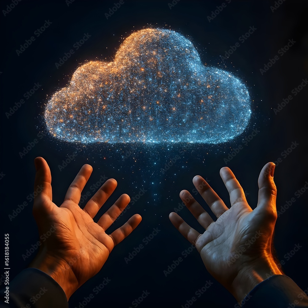 Poster two hands reach up to a digital cloud representing cloud computing, data storage, and network connec
