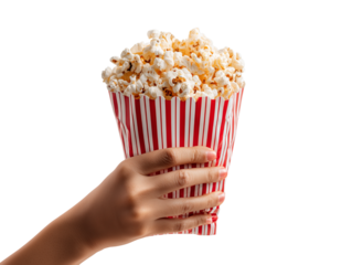 Close-up on a hand holding a classic red and white striped popcorn container overflowing with fluffy, buttery popcorn. 