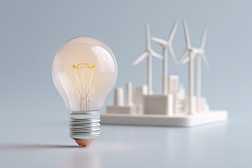 Glowing light bulb with wind turbine.