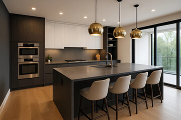 Modern Kitchen Interior: A contemporary kitchen with sleek design, featuring stylish pendant lights, minimalist cabinetry, and a spacious island. The space is filled with natural light.