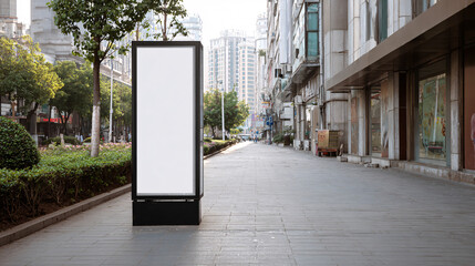 Billboard Display on the Street: A sleek, empty billboard stands prominently on a city sidewalk, a blank canvas awaiting impactful messaging in a vibrant urban setting.