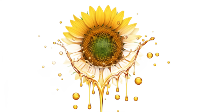 Sunflower with flowing oil splash on white background