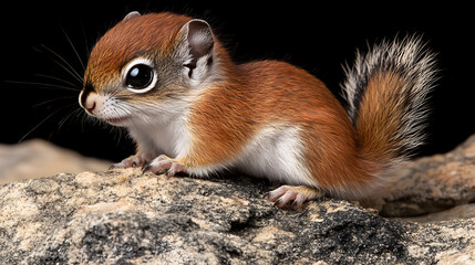 Chipmunk on black background, Portrait of a squirrel on a tree trunk in nature.