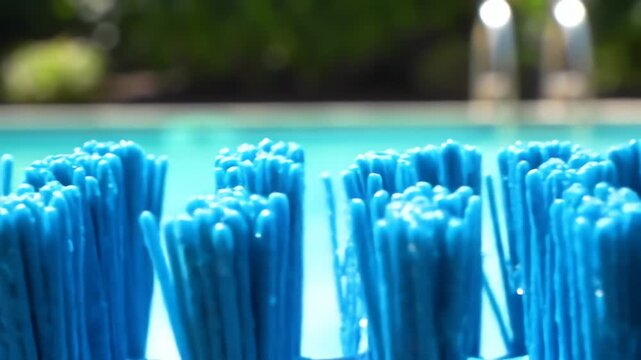 Close-up of blue pool brush bristles with water droplets and a blurred pool background