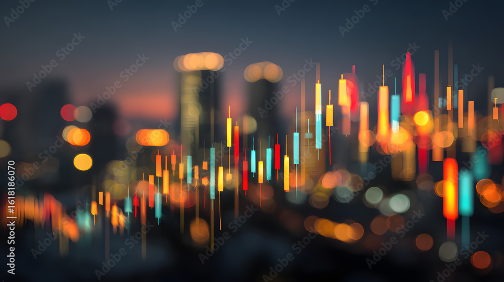 Poster analyzing stock market data on screen with cityscape bokeh background