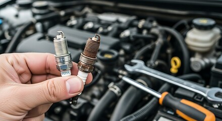 Mechanic holding new and old spark plugs with car engine background