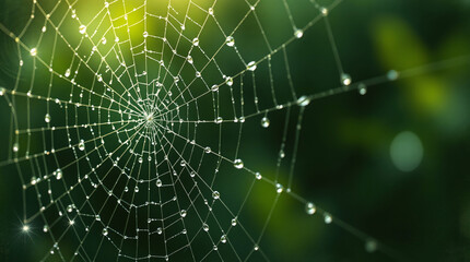 Close up view of a geometric spider web shimmering with bright dew drops illuminated by gentle sun rays in a serene forest