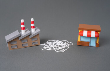 Complicated logistics from manufacturer to stores. Industrial plant and store. Industrial goods....