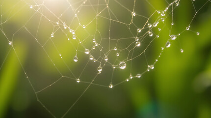 Close-up of spider web strands adorned with dew drops reflecting sunlight in a vibrant green natural scene