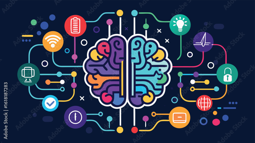 Poster brain connections with technology colorful illustration representing artificial intelligence machine