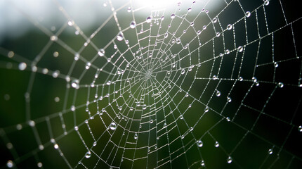 Delicate spider web adorned with glistening dew drops illuminated softly in the morning light of a serene forest