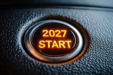 Startup Launch Countdown Button on Elegant Leather Background, Anticipation for 2027 Growth
