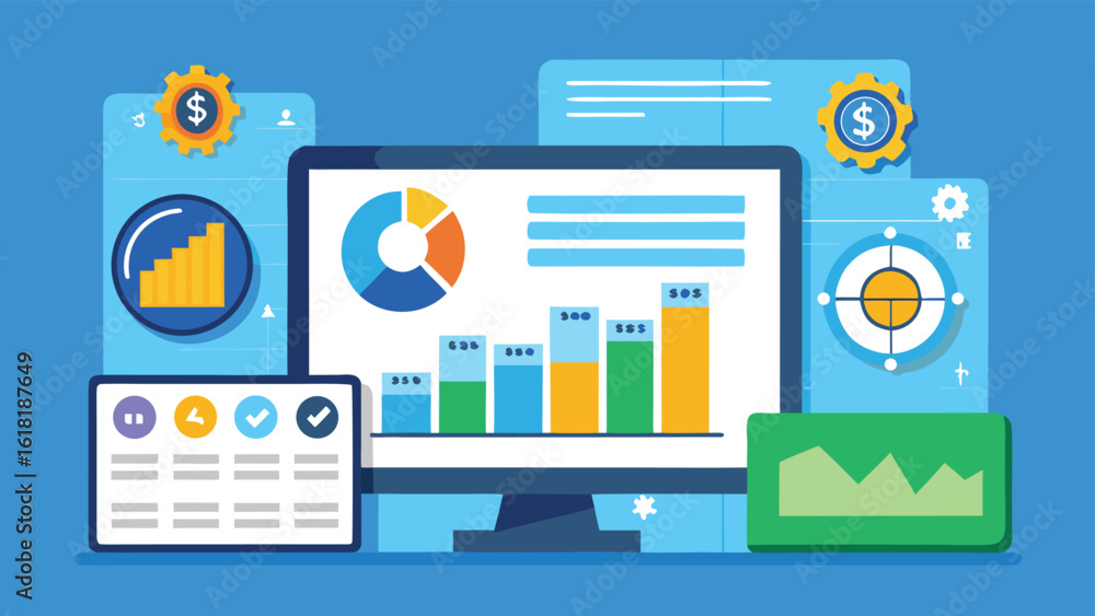Poster business data analysis dashboard with charts and graphs showing finance growth and targeting sales p