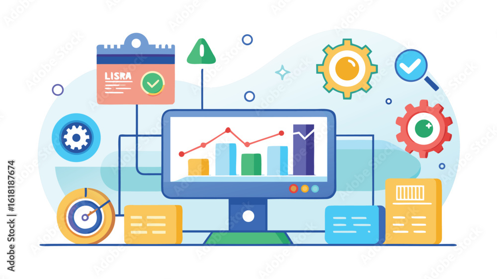 Poster business data analysis with monitor and calendar,process management using gears and audit,colorful f
