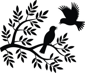 Silhouette of Two Birds on a Tree Branch with Leaves