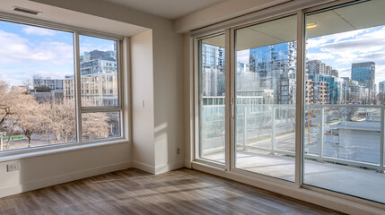 Fototapeta premium City View from Room: Bright, airy room with expansive windows and glass doors overlooking a modern cityscape, showcasing a vibrant urban environment and architectural details. 