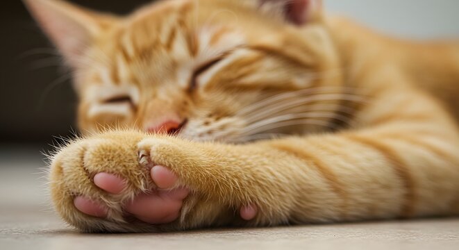 A sleeping orange tabby cat with a closeup on its paw showcasing pink paw pads and fur