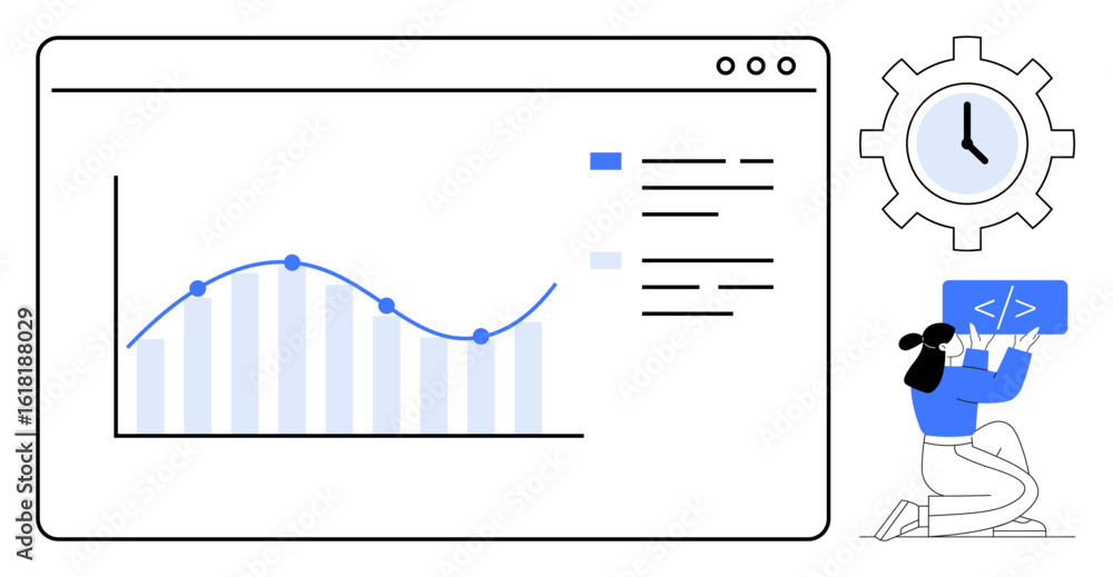 Poster data chart inside a browser window, programmer writing code, clock over gear. ideal for analytics, c