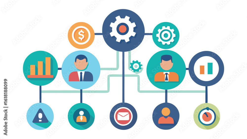 Poster business process automation with teamwork and data analysis connecting people,finance,strategy,and p