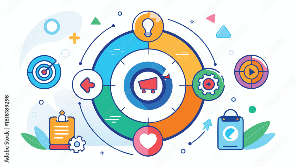 Aufkleber colorful circular workflow diagram with business icons and shopping elements depicting progress and 