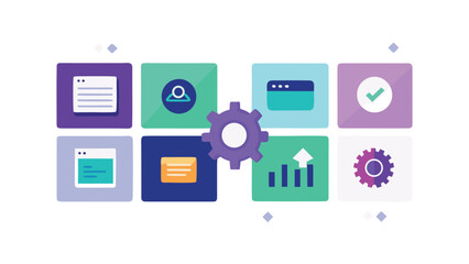 Colorful flat design concept featuring business and website settings with cogwheels and ui elements showcasing performance and configurations on white background
