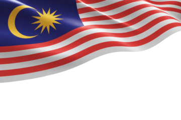 Waving Malaysian flag with star and crescent moon emblem with copy space below, national symbol
