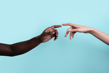 Connection between diverse hands on blue background