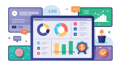 Creative finance dashboard with reports and data analysis presentation tools for business growth and company investments with tablet interface