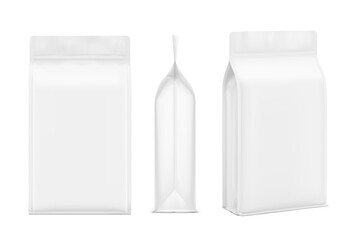 Vertical flat bottom gusset bag mockup for food, sport nutrition. Front, side, half side view. Vector illustration isolated on white background. Can be use for template your design. EPS10.