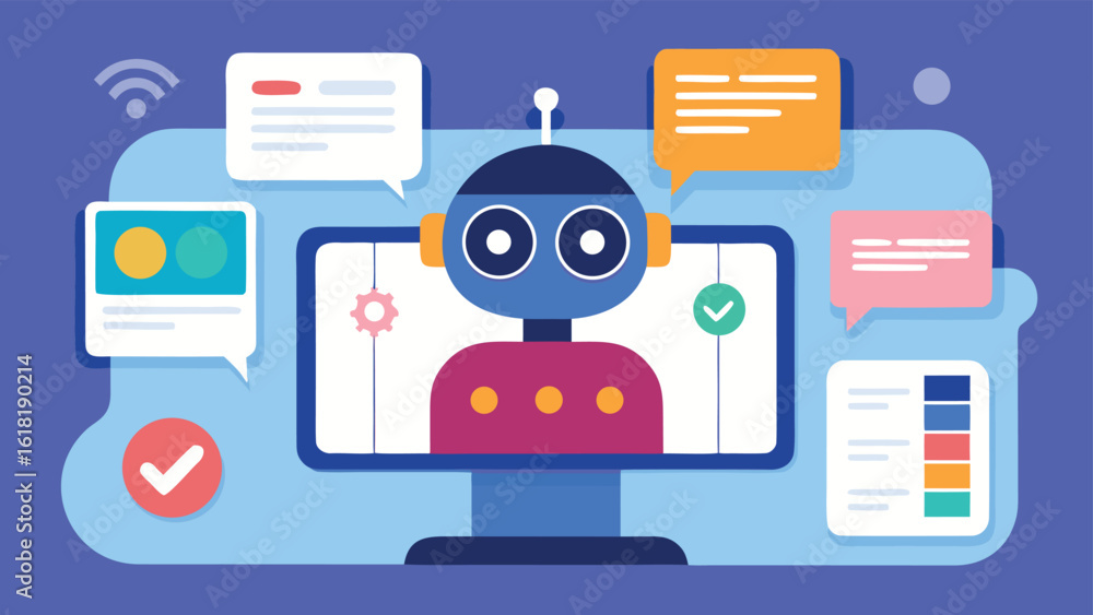 Poster creative vector illustration of robot assistant and computer screen with chat bubbles for automation